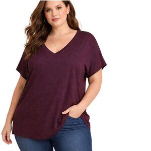 J.Jill Luxe Supima Cotton Pleat-Back Tee Purple V-Neck Short Sleeve Size 3X